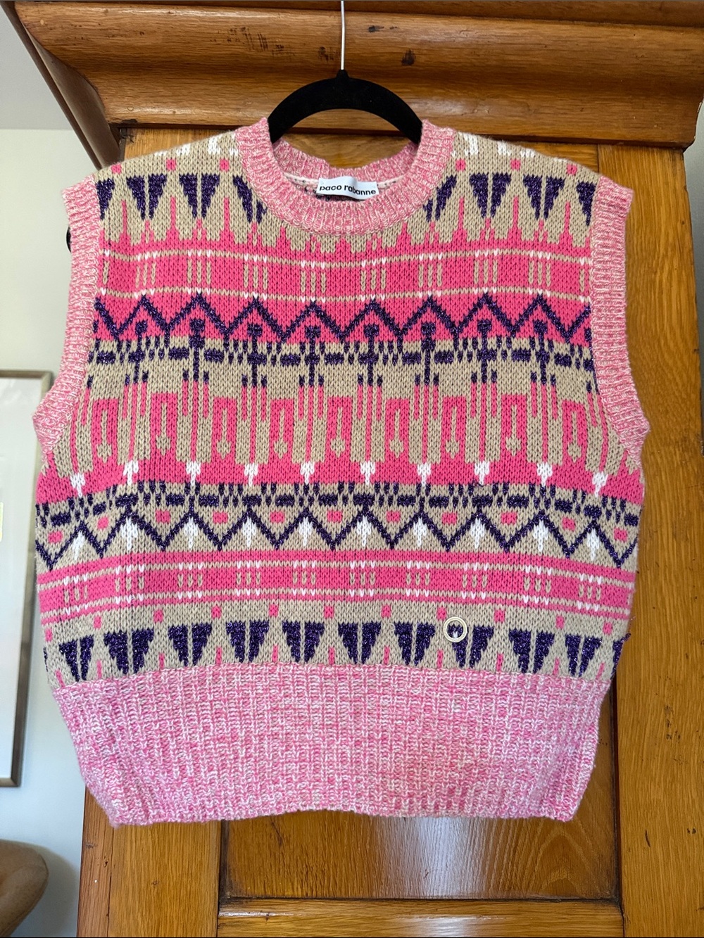 Paco Rabanne Pink Fair Isle Wool Vest with Sparkly Purple + White Accents